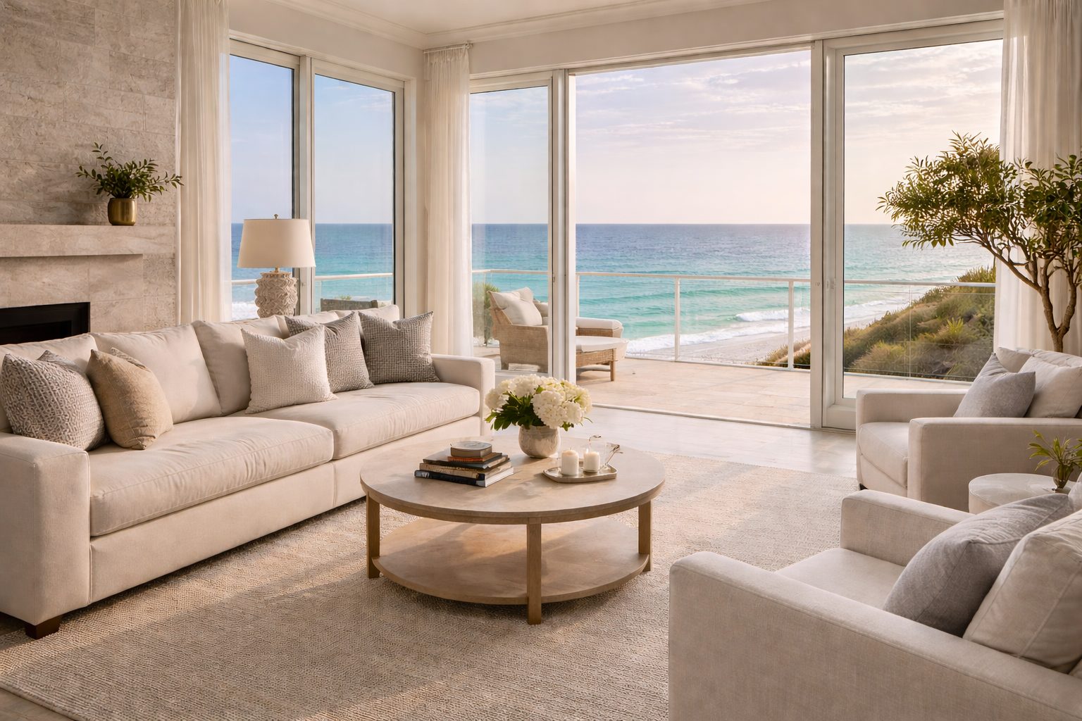 Refined coastal interior overlooking emerald Gulf waters in Northwest Florida