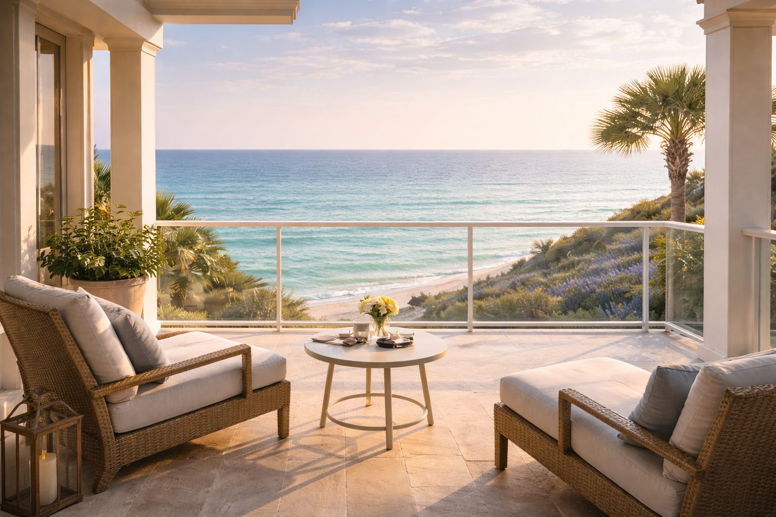 Refined coastal terrace overlooking emerald Gulf waters in Northwest Florida