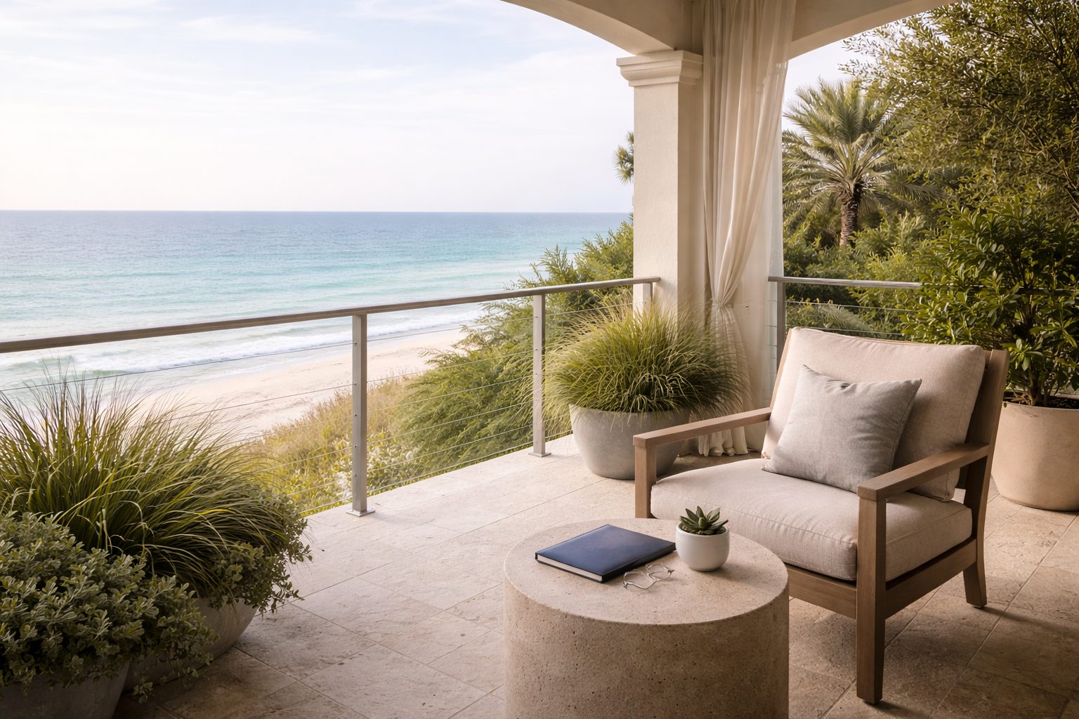 Refined Santa Rosa Beach coastal balcony overlooking emerald Gulf waters representing thoughtful rent versus sell decision