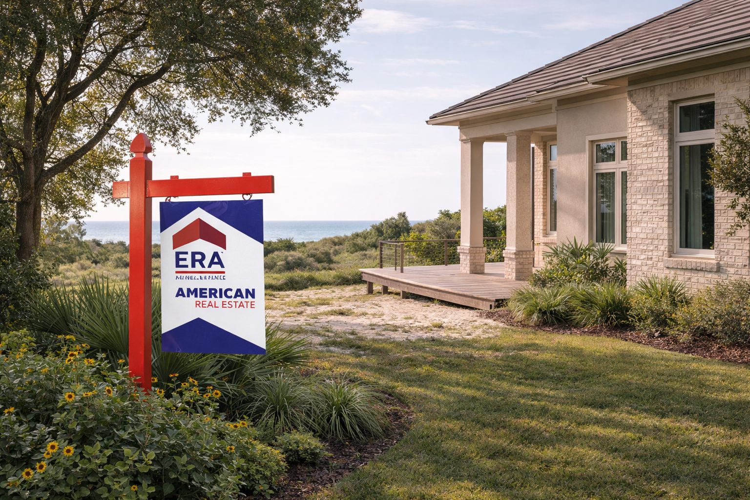 Refined coastal home in Santa Rosa Beach with ERA Real Estate sign, native landscaping, deck extension, and Gulf water in the distance.