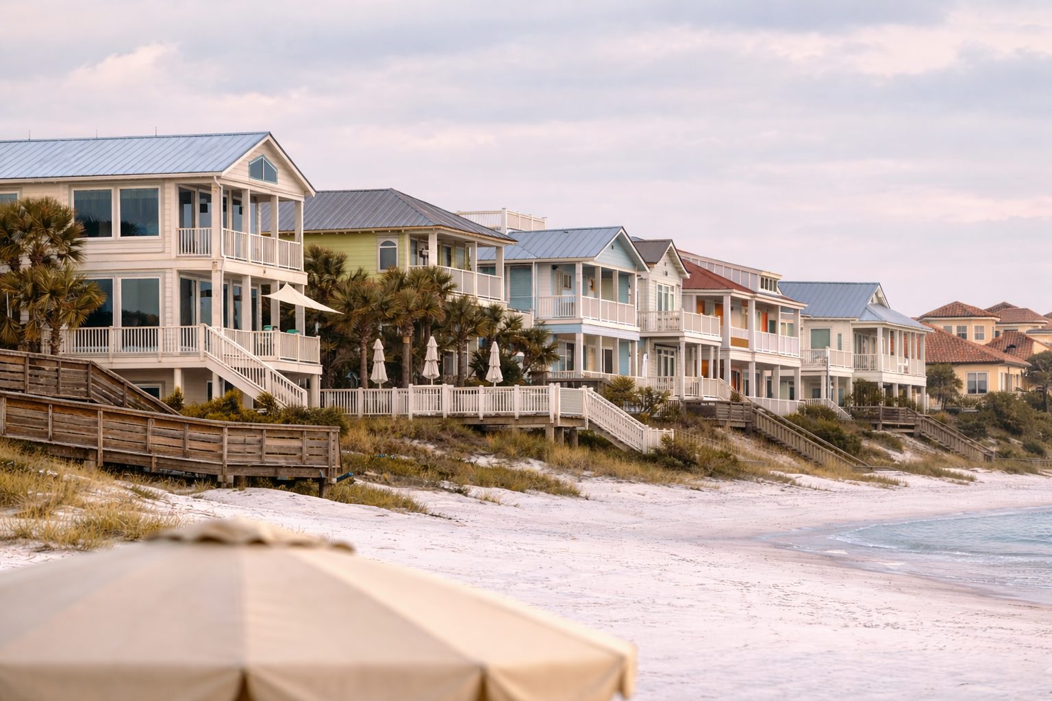 Row of coastal beachfront homes along Scenic Highway 30A in Santa Rosa Beach Florida