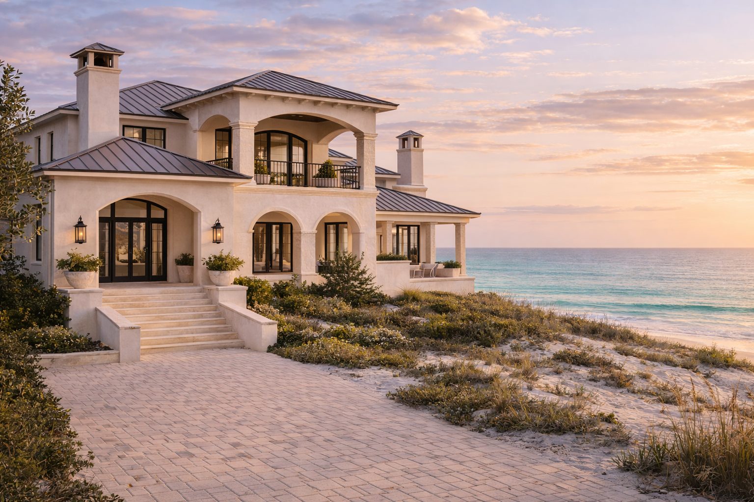 Elevated Mediterranean style coastal luxury home with paver drive overlooking the Gulf along 30A Florida