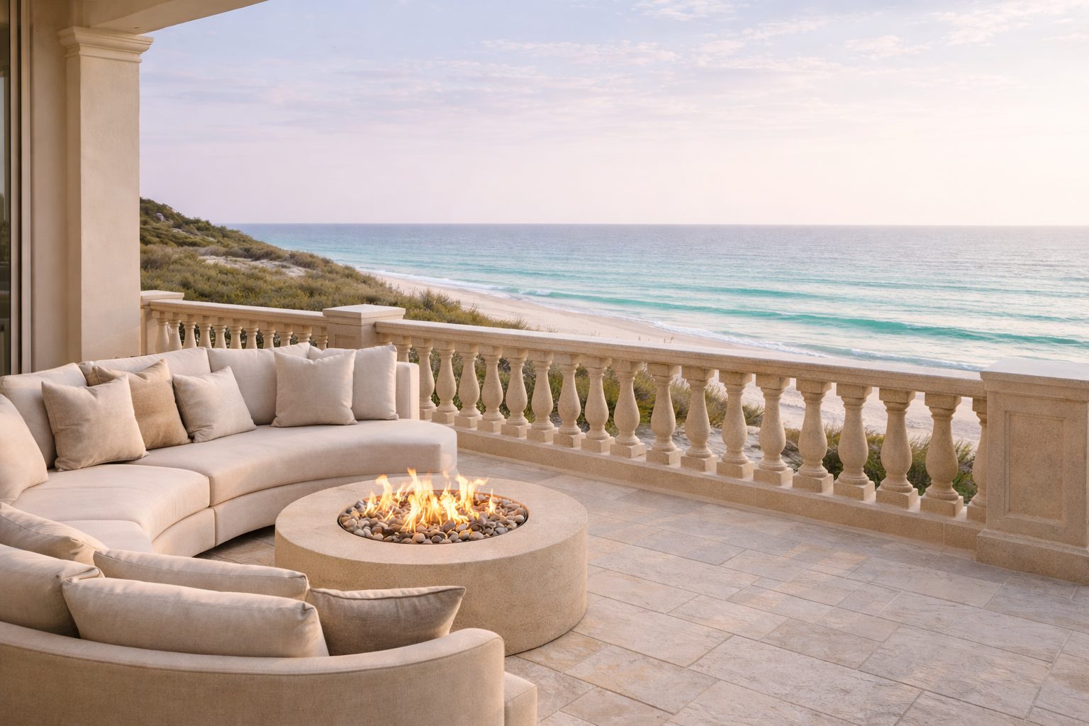 Luxury coastal terrace with curved sectional and firepit overlooking emerald Gulf waters along 30A Florida