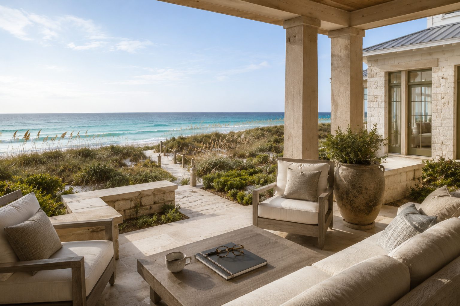 Refined coastal outdoor living space overlooking Gulf waters along Scenic Highway 30A Florida