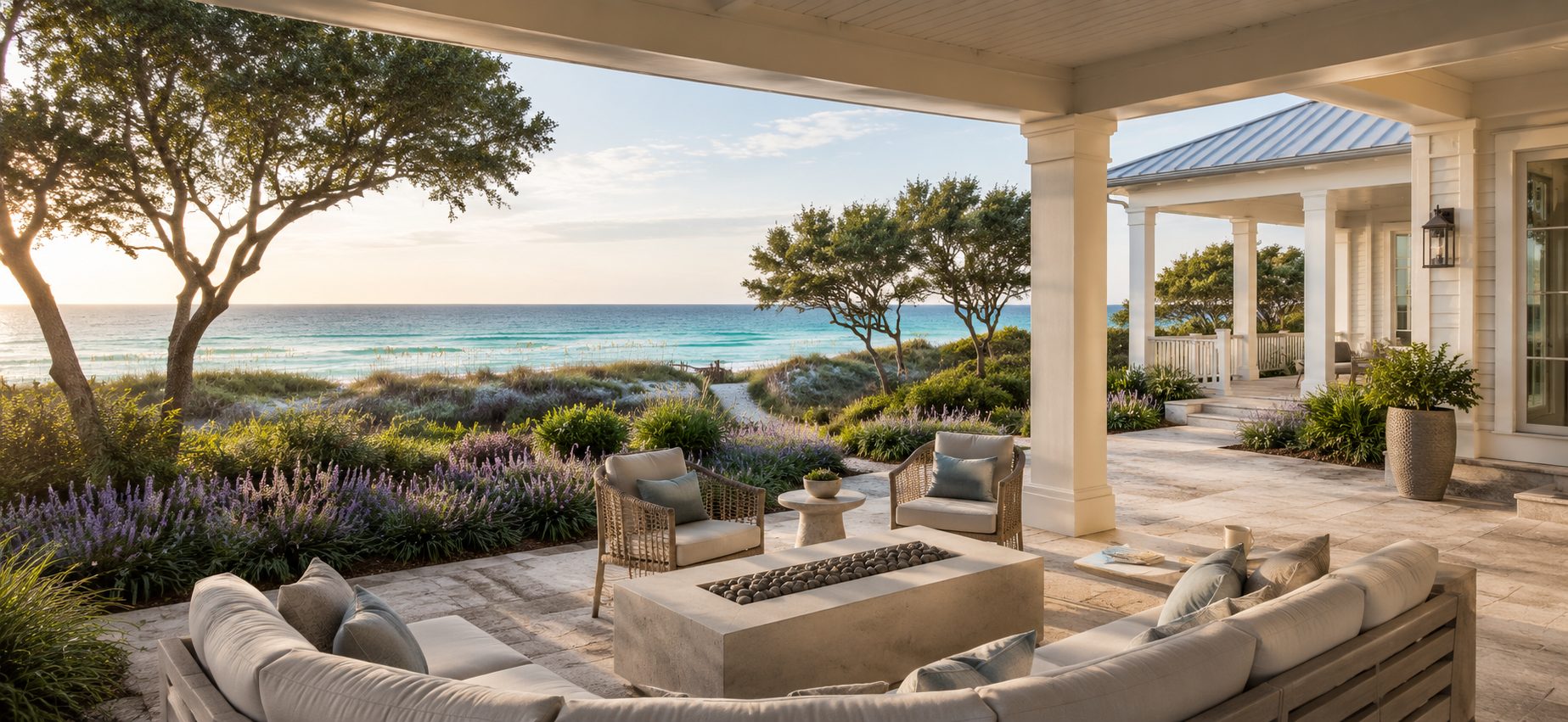 Refined outdoor living space overlooking emerald Gulf waters along Scenic Highway 30A Florida