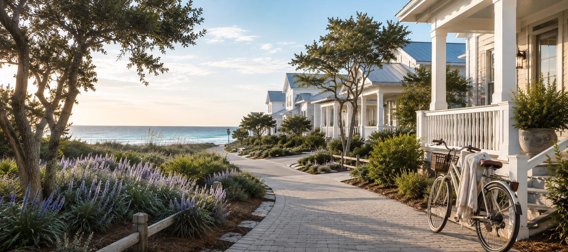 Quiet coastal neighborhood in Blue Mountain Beach with bike path leading toward the Gulf