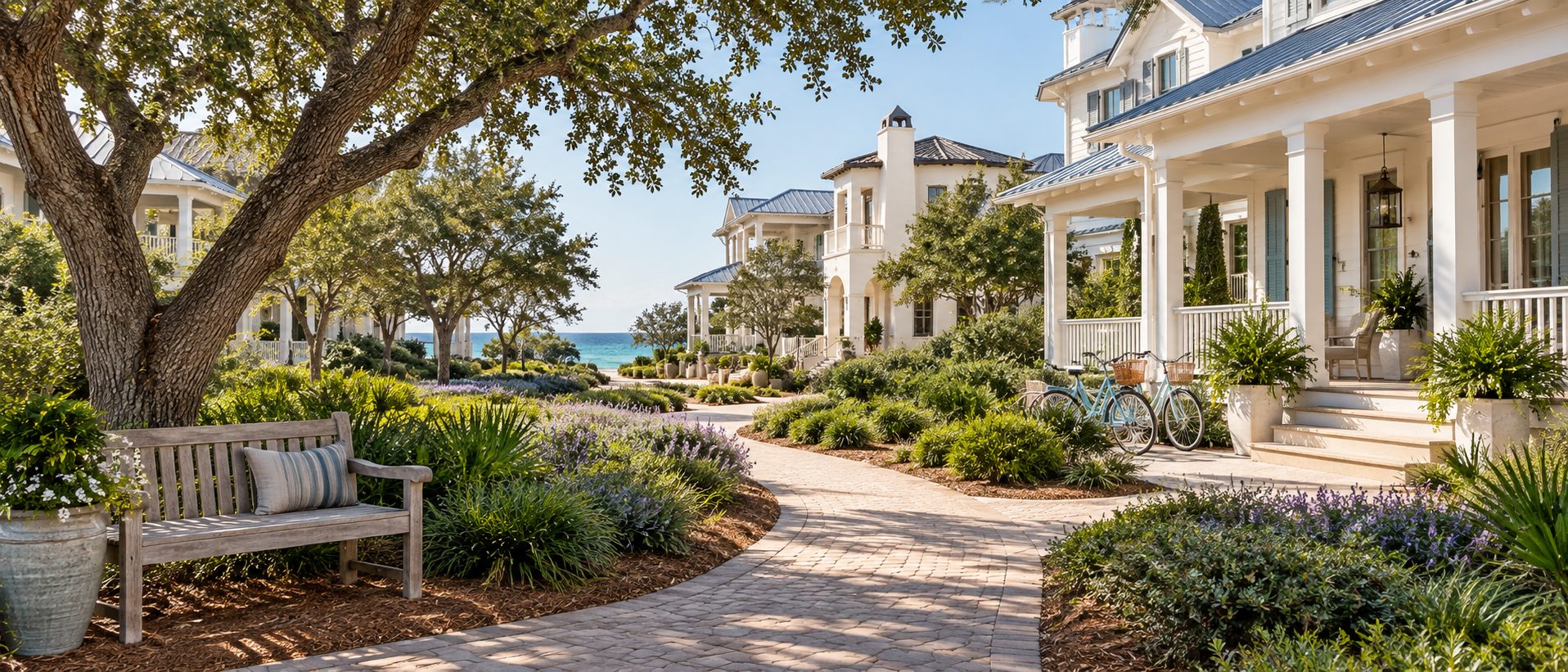 Walking and biking path through a coastal residential community along Scenic Highway 30A Florida