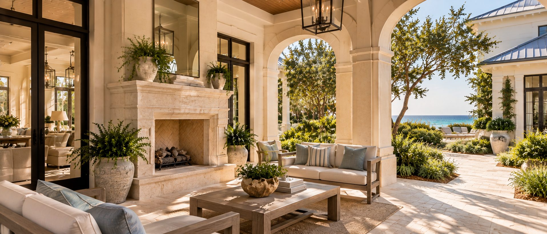 Timeless 30A coastal home gallery with limestone fireplace and refined architectural details
